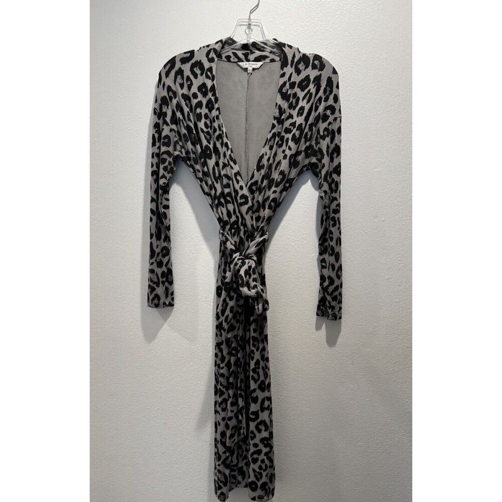LK Bennett Size‎ US6 Gray Black Leopard Print Long Sleeve Belted Dress READ